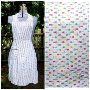 Vintage 70's Colorful Push Pins Print Full Bib Cotton Apron Seamstress Teacher